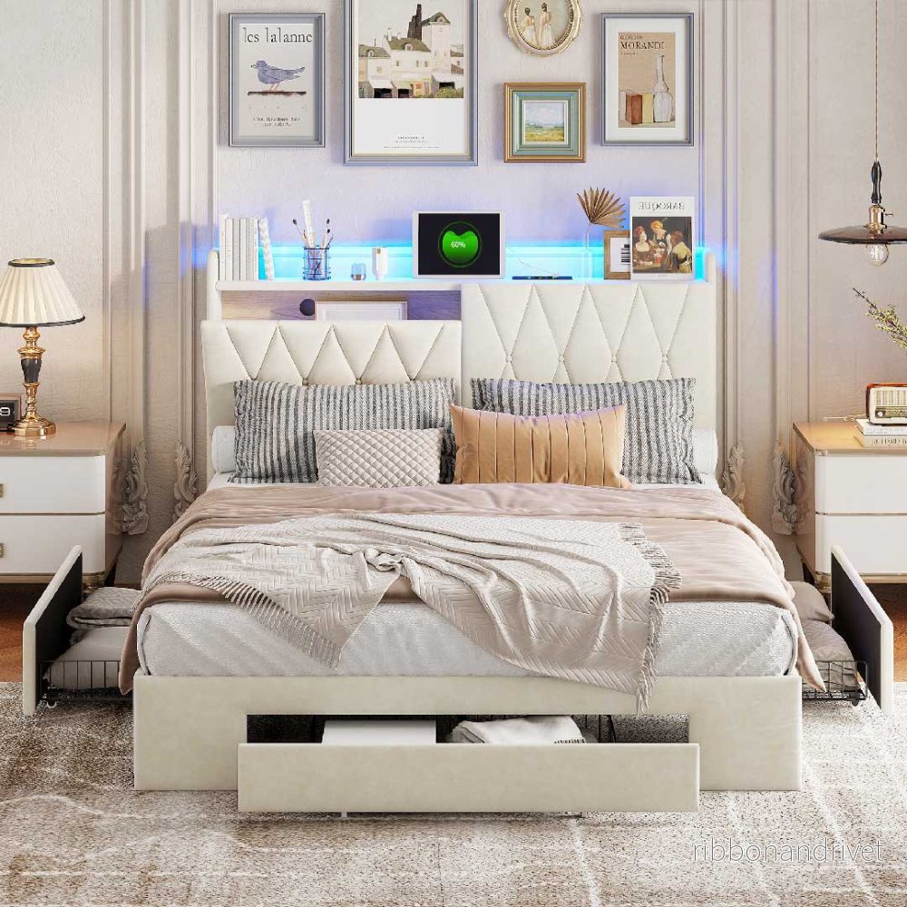 Yelenaro sammetsäng med LED, USB & 3 lådor – 140/160×200 cm Yelenaro sammetsäng med LED, USB & 3 lådor – 140/160×200 cm