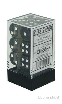 Chessex Translucent 16mm d6 med prickar Dice Blocks (12 Dice) – Rök med vit