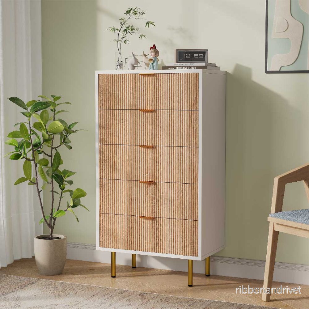 Yelenaro byrå med 5 eller 6 lådor – Modernt skåp i vit och trä-look med metallhandtag Yelenaro byrå med 5 eller 6 lådor – Modernt skåp i vit och trä-look med metallhandtag