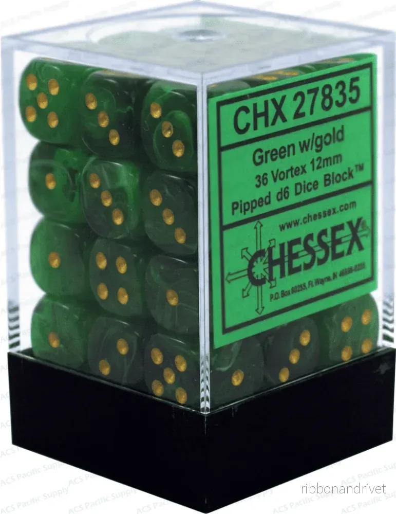 Chessex Signature 12mm d6 med pips Tärningsblock (36 Tärningar) - Vortex Grön med Guld