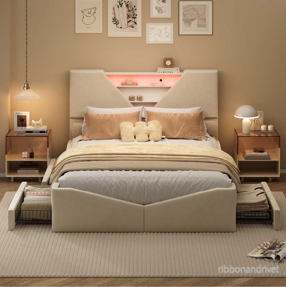 YELENARO Vadderad säng med LED & förvaring – 140/160x200 cm - Bild 3
