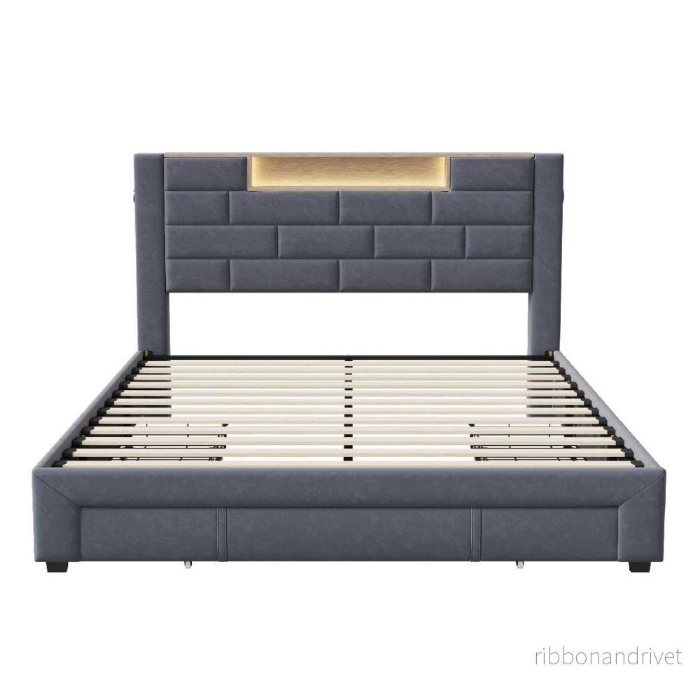 Yelenaro Säng i sammet med LED, USB & 3 lådor – 140/160×200 cm - Bild 3