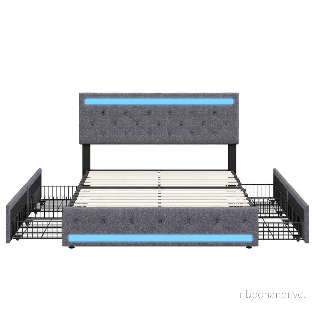 YELENARO LED-klädd säng med USB & 4 lådor – Linnesäng 140/160/180×200 cm - Bild 2